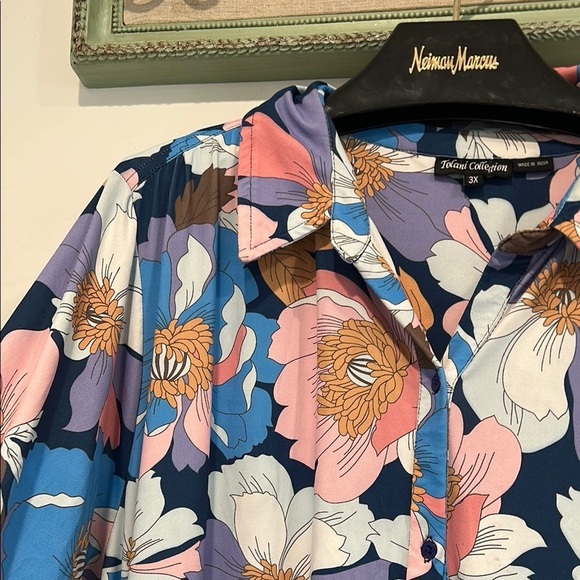 Tolani button front long sleeve sprint Floral Blue Pink Women's maxi Dress plus - Picture 3 of 5